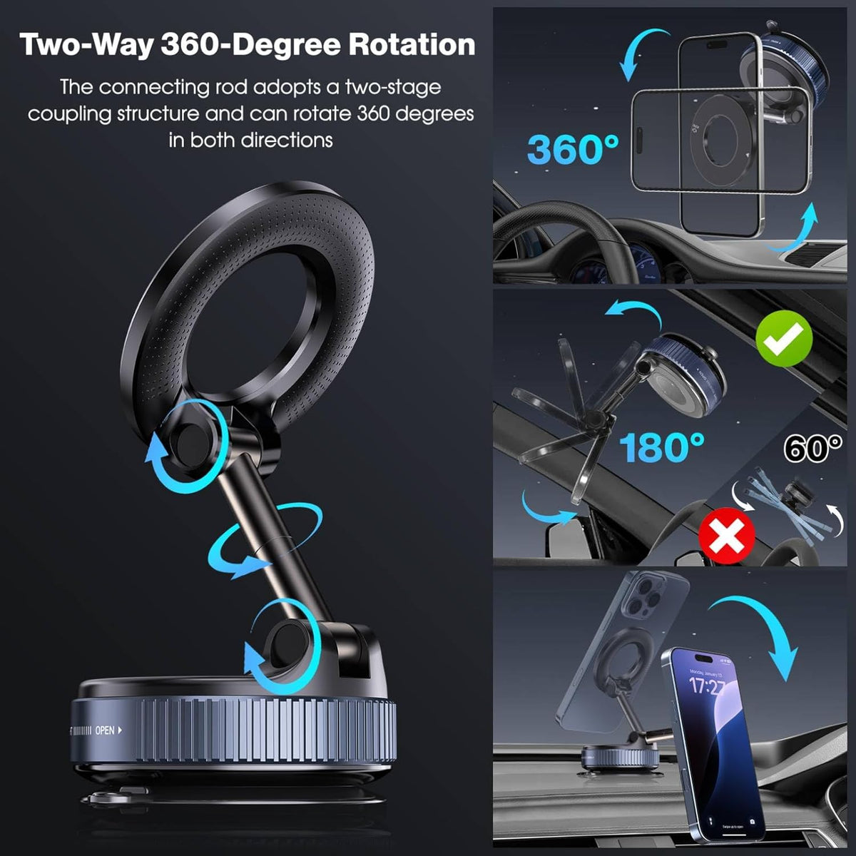 360° Magnetic Car Phone Holder – Strong Grip Mount (Free Home Delivery)
