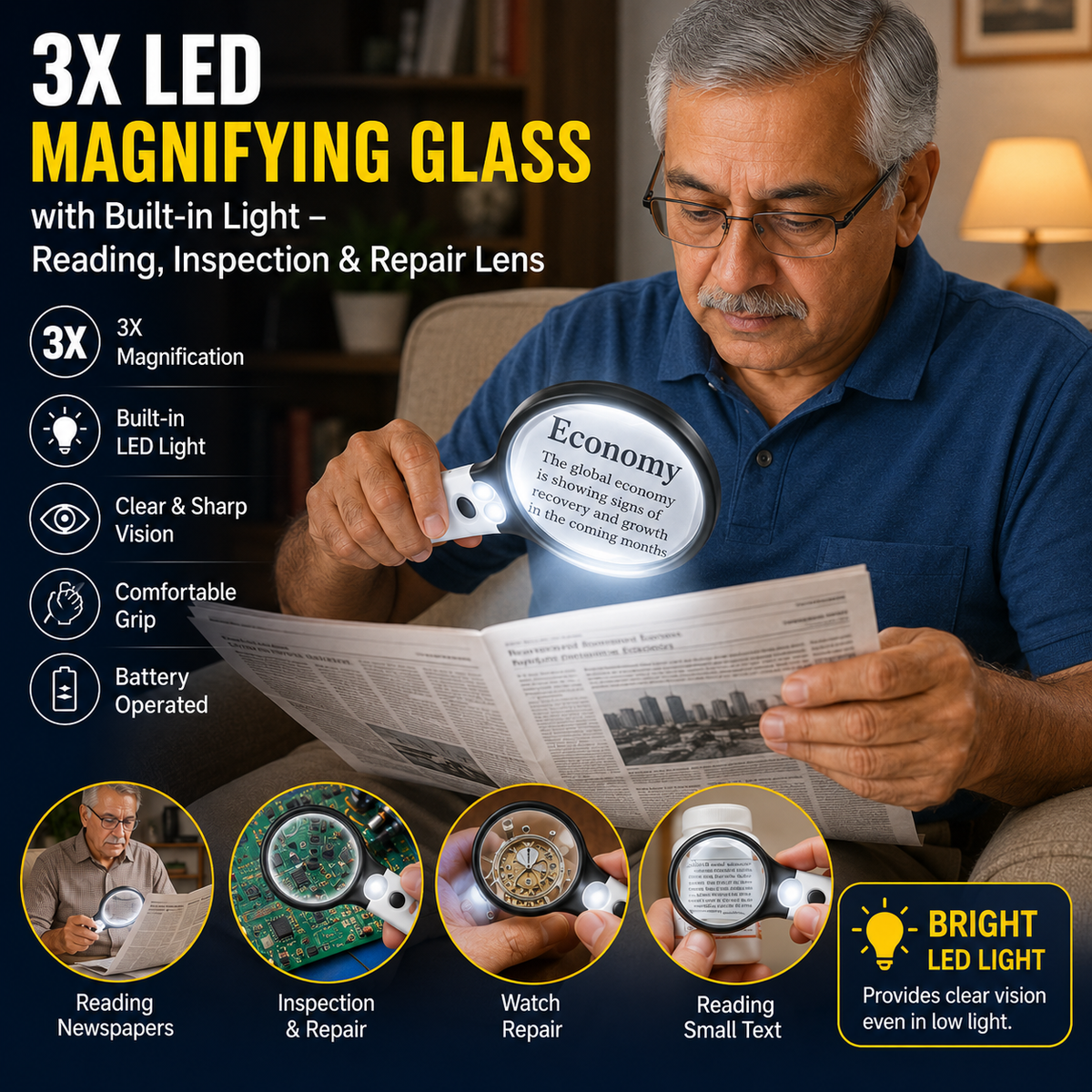 (FREE HOME DELIVERY) 3X LED Magnifying Glass with Built-in Light – Reading, Inspection & Repair Lens 🔍