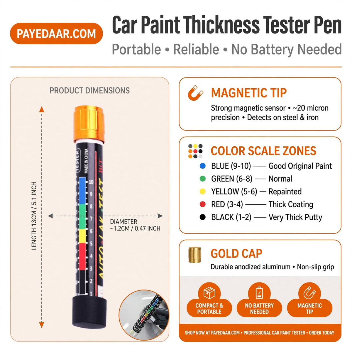 FREE HOME DELIVERY | 100% Original Auto Car Paint Thickness Tester Pen